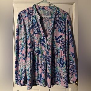 Lilly Pulitzer Pink/Blue Floral V-Neck Blouse with Ruffle Bottom Women’s Size L